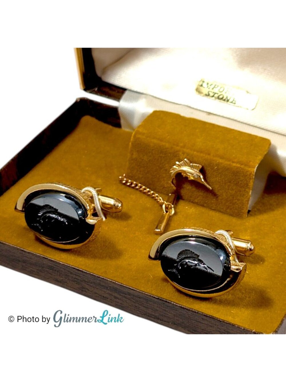 Vintage Marc Antony Sailfish Black Stone Cufflinks Tie Tack Set Boxed